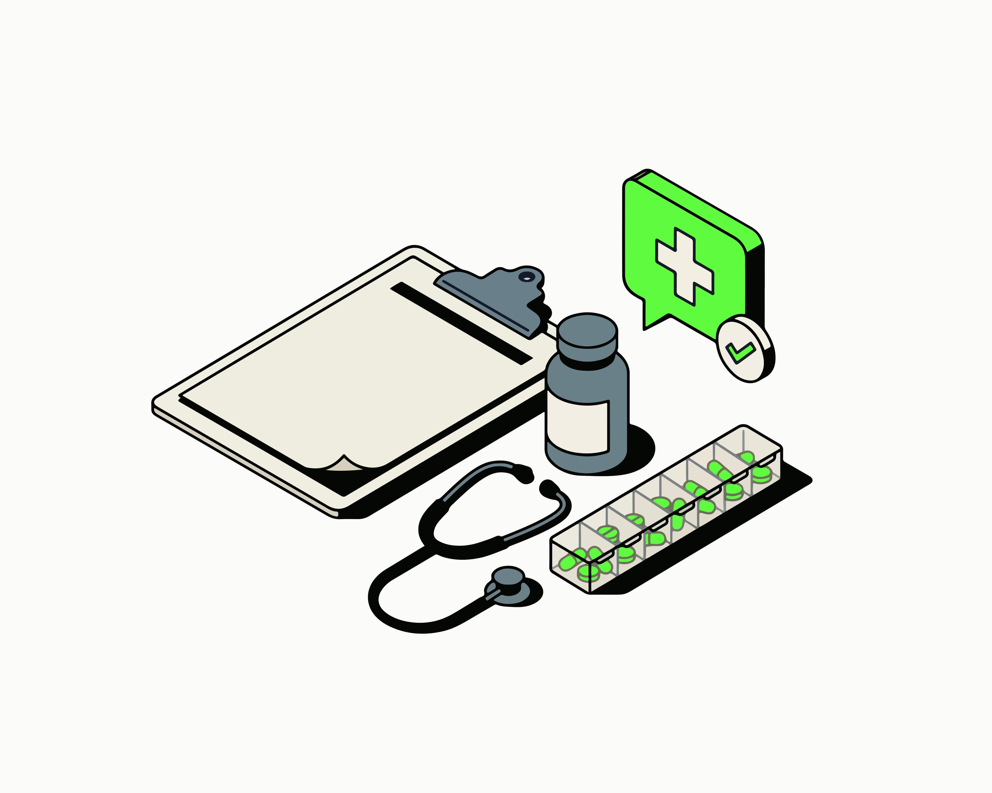 Illustrated healthcare provider holding a clipboard and medication