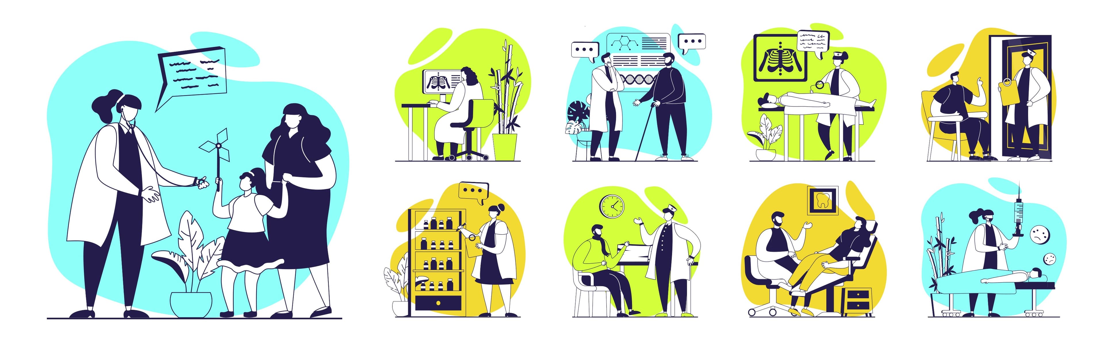 Illustrated healthcare banner showing patient support and care
